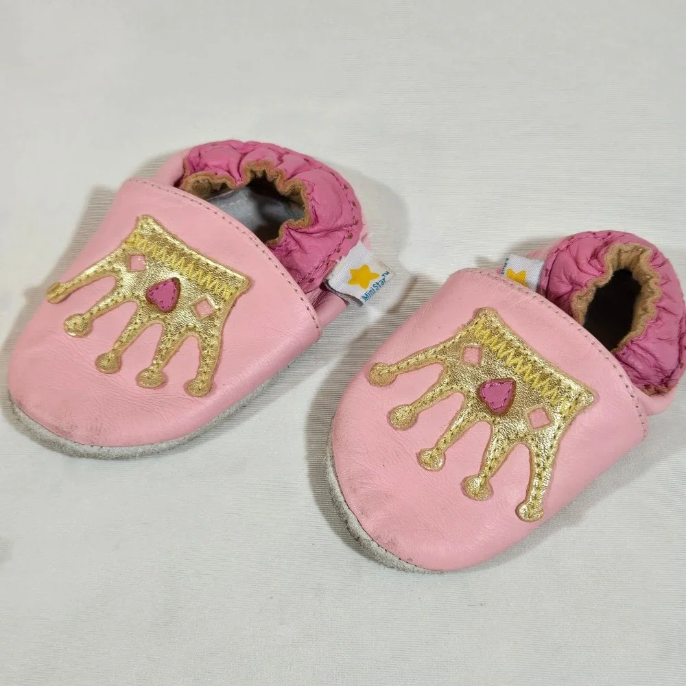 Ministar Infant Leather Shoes Pink Gold Crown Soft Sole‎ Baby Shoes